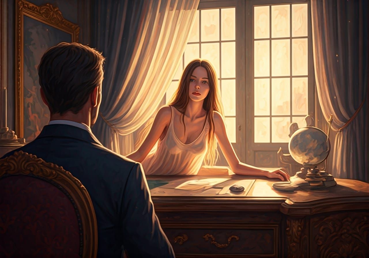 Woman in Mens Shirt on Luxury Desk, Monet-Inspired Pastel Ar...