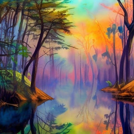 Impressionist Swamp in Gouache and Watercolor