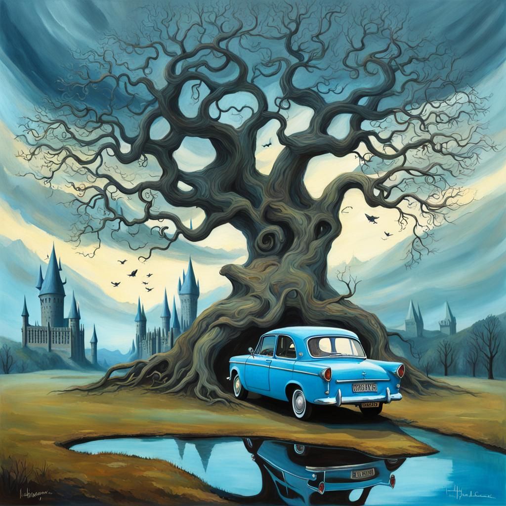 Surrealist Whomping Willow and Ford Anglia, Waterhouse Style
