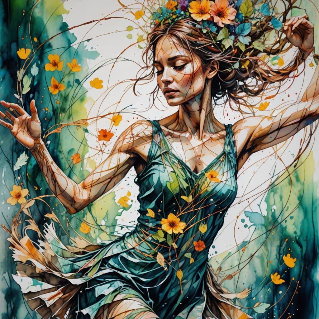 Ethereal Floral Dancer in Mixed Media Art
