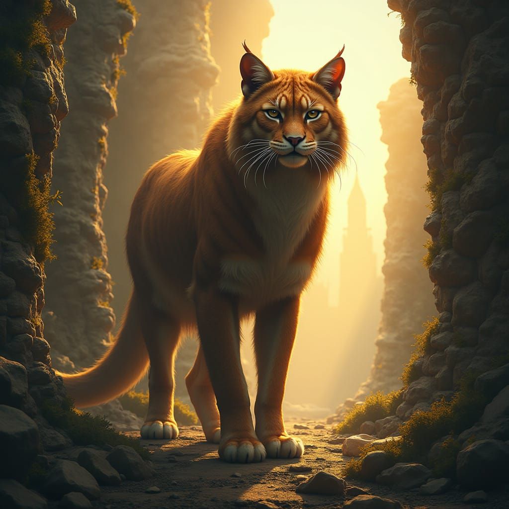 Majestic Feline Warrior in Fantasy Cityscape
