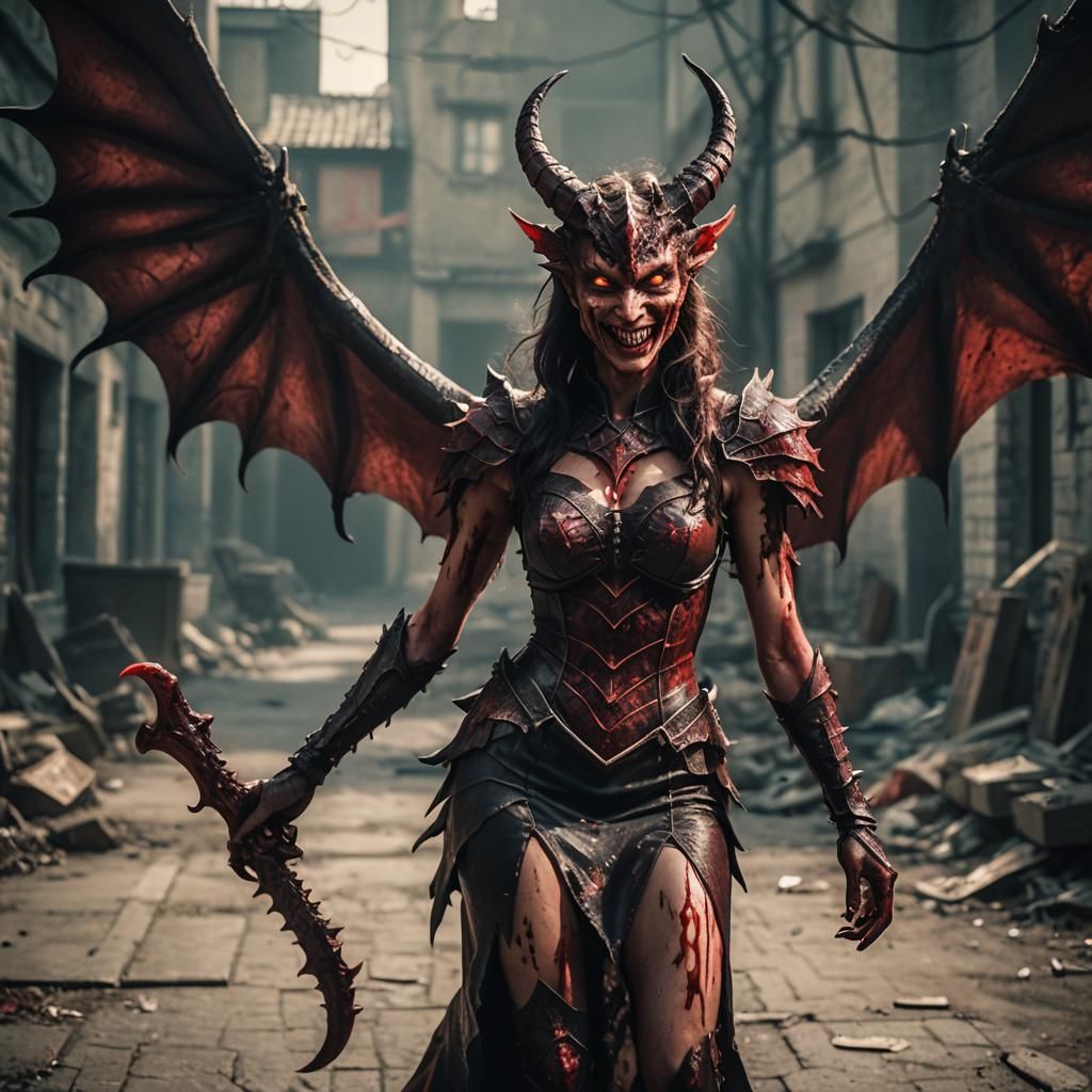 Horror Dragon Lady with Blood Wings in Cinematic Style