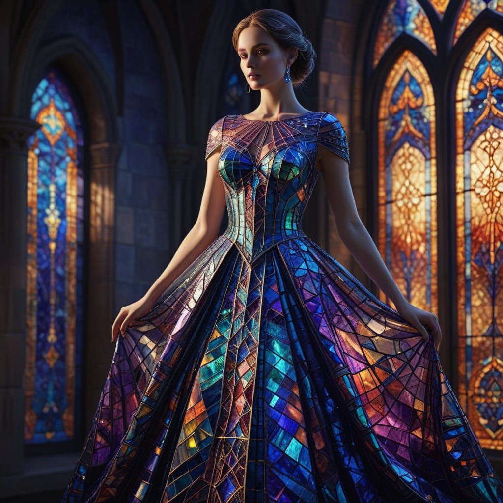 Stained Glass Gown on Mannequin: Luminous Digital Art