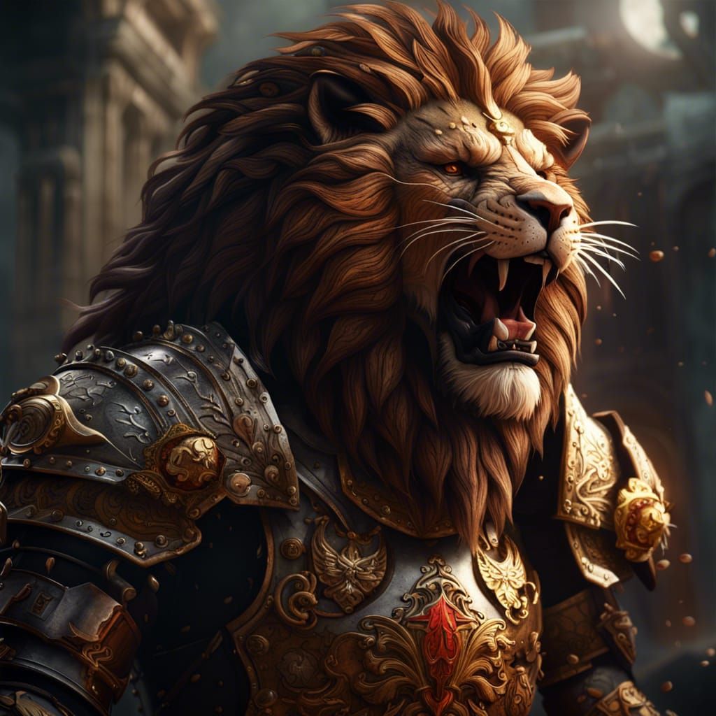 Armored Lion Roars in Dark Fantasy Style