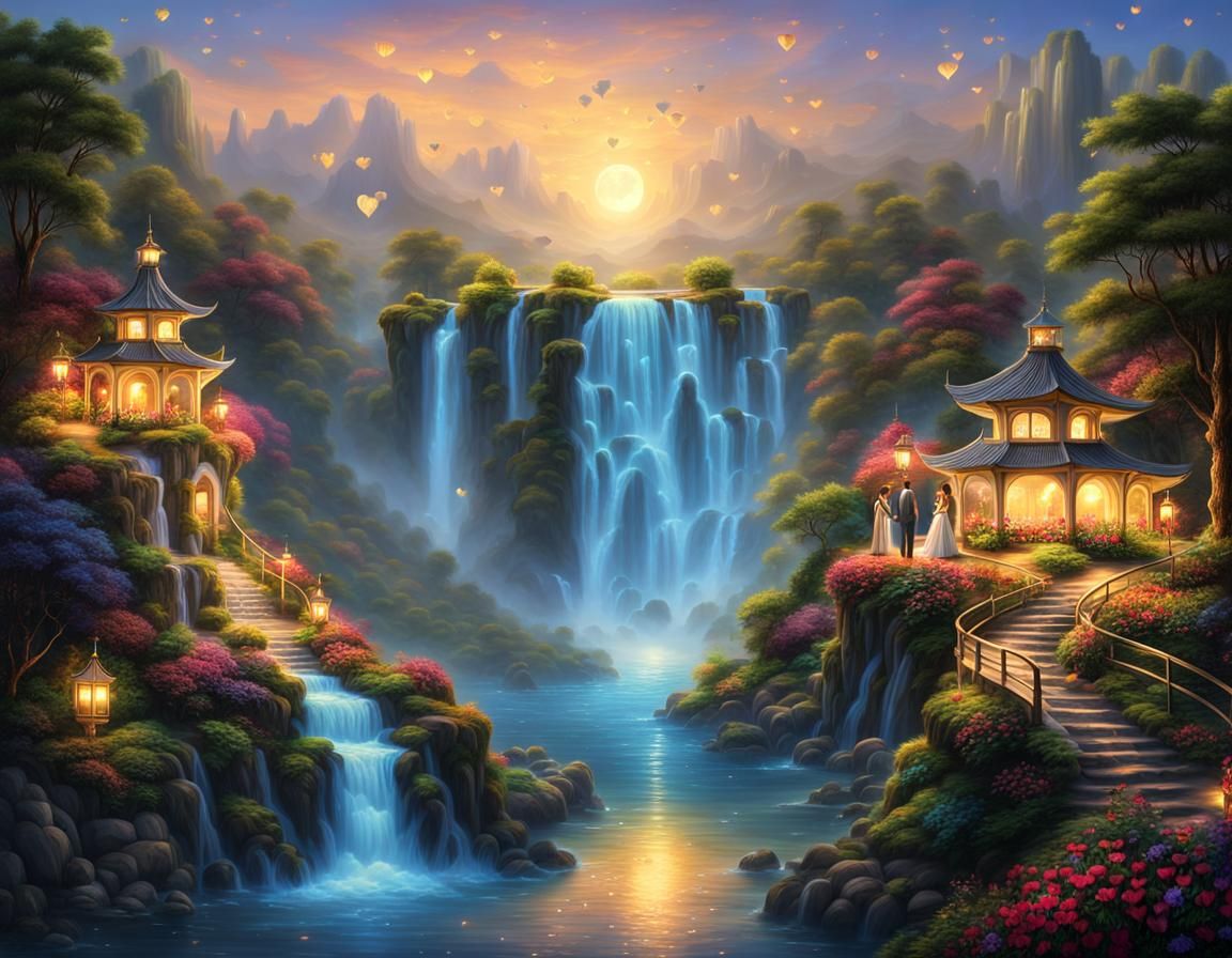 Romantic Waterfalls Landscape in Oil Painting Style