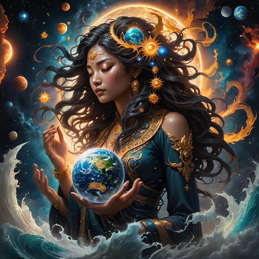 Goddess Meditating with Earth and Universe
