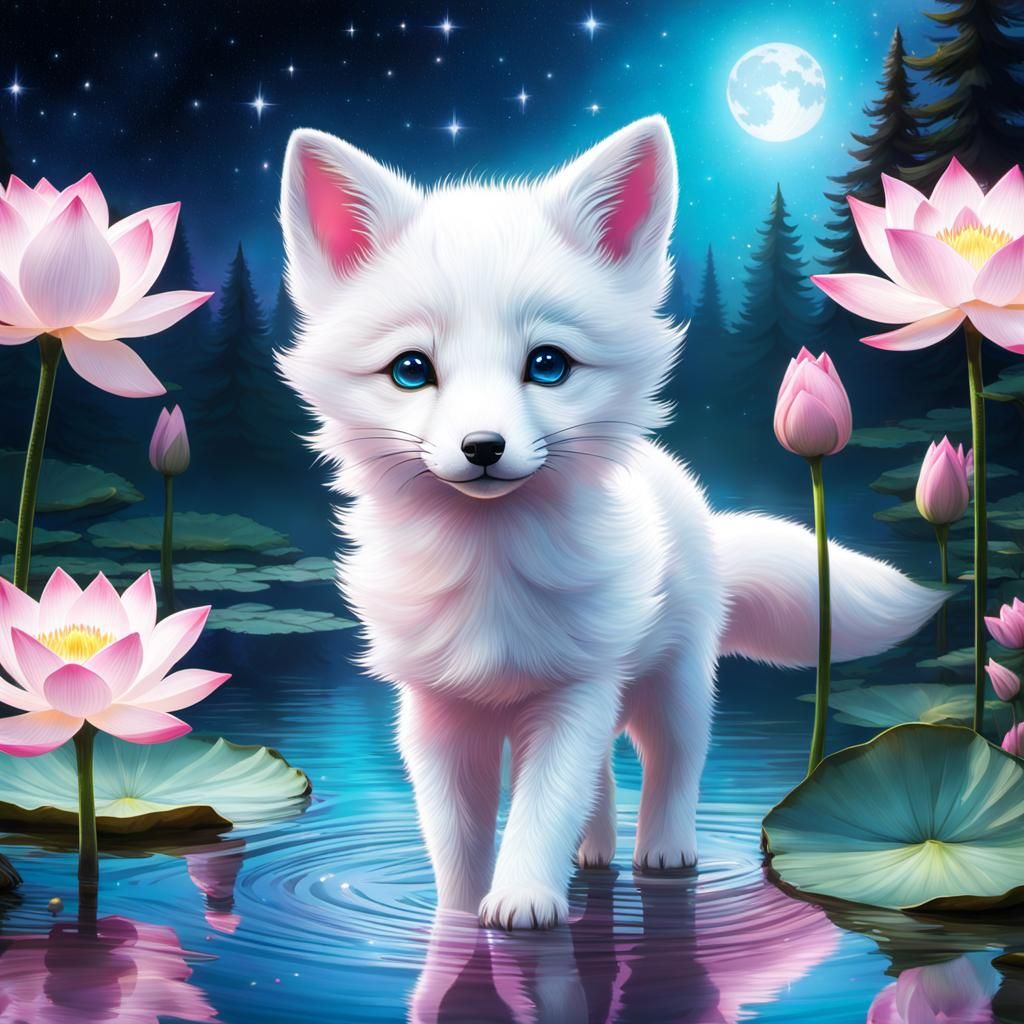Opalescent Fox Pup in Lotus Pond