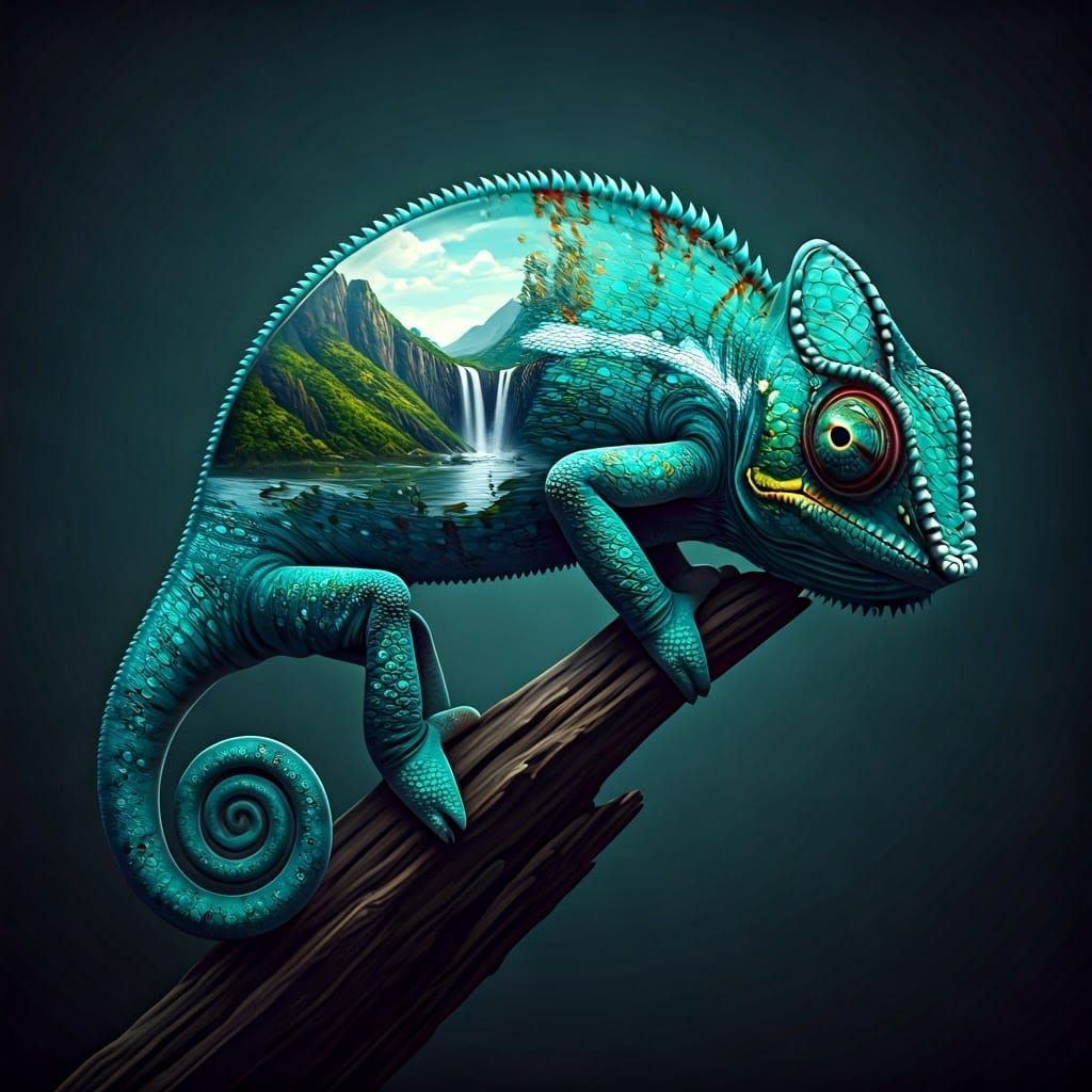 Hyperrealistic Glass Chameleon in Vibrant Mountain Landscape