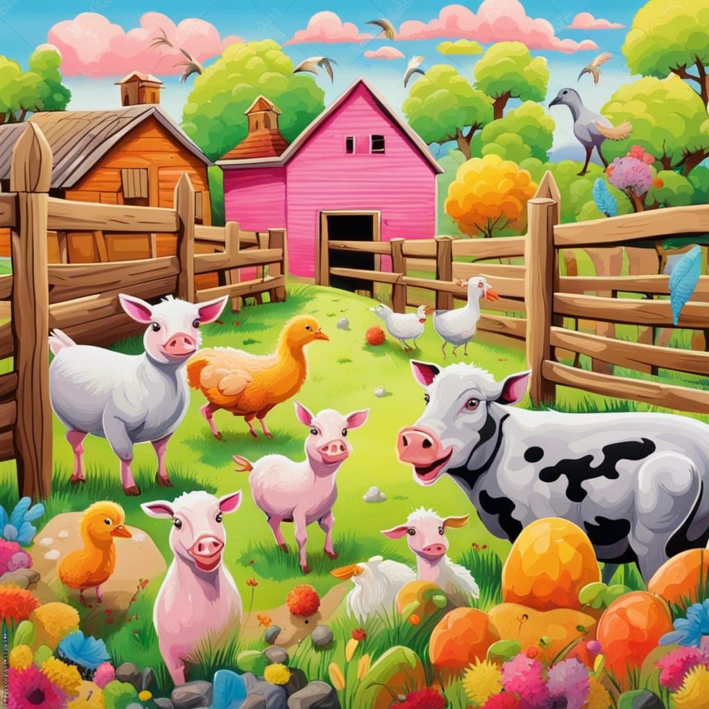Joyful Farm Animals and Toddler in Graffiti Style