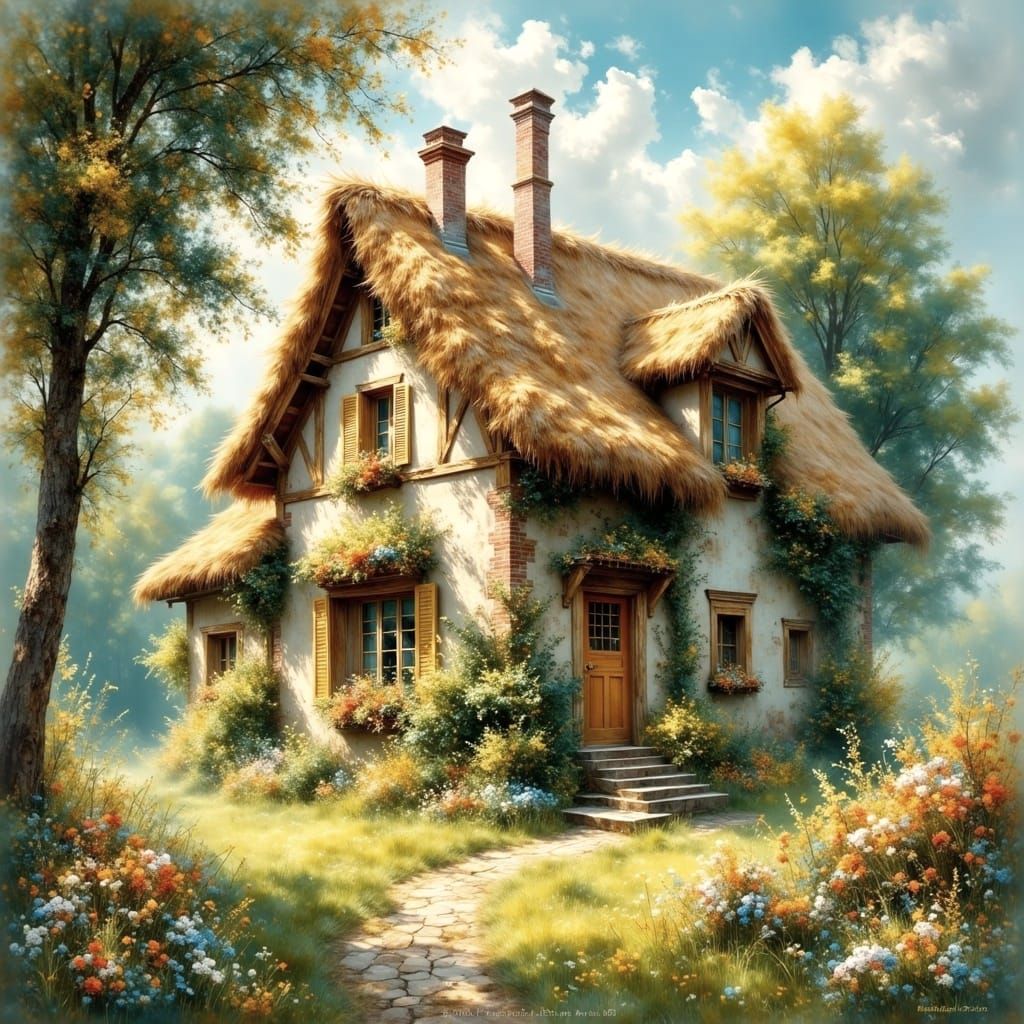 Whimsical Storybook Cottage in a Vibrant Meadow