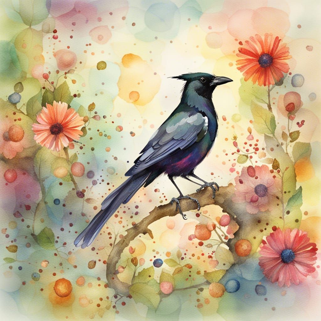 Crow Bathing in Storybook Watercolor Style