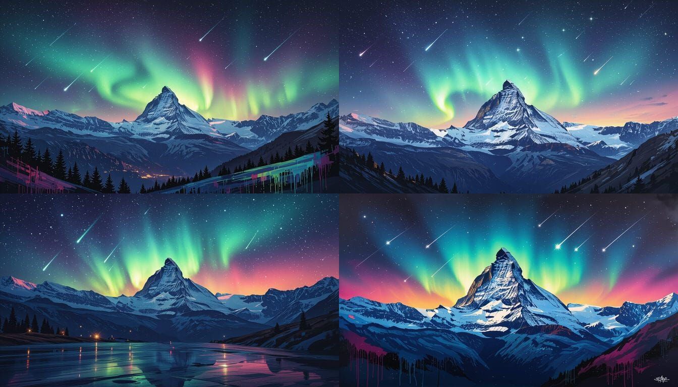 Ethereal Northern Lights Over Swiss Alps with Shooting Stars