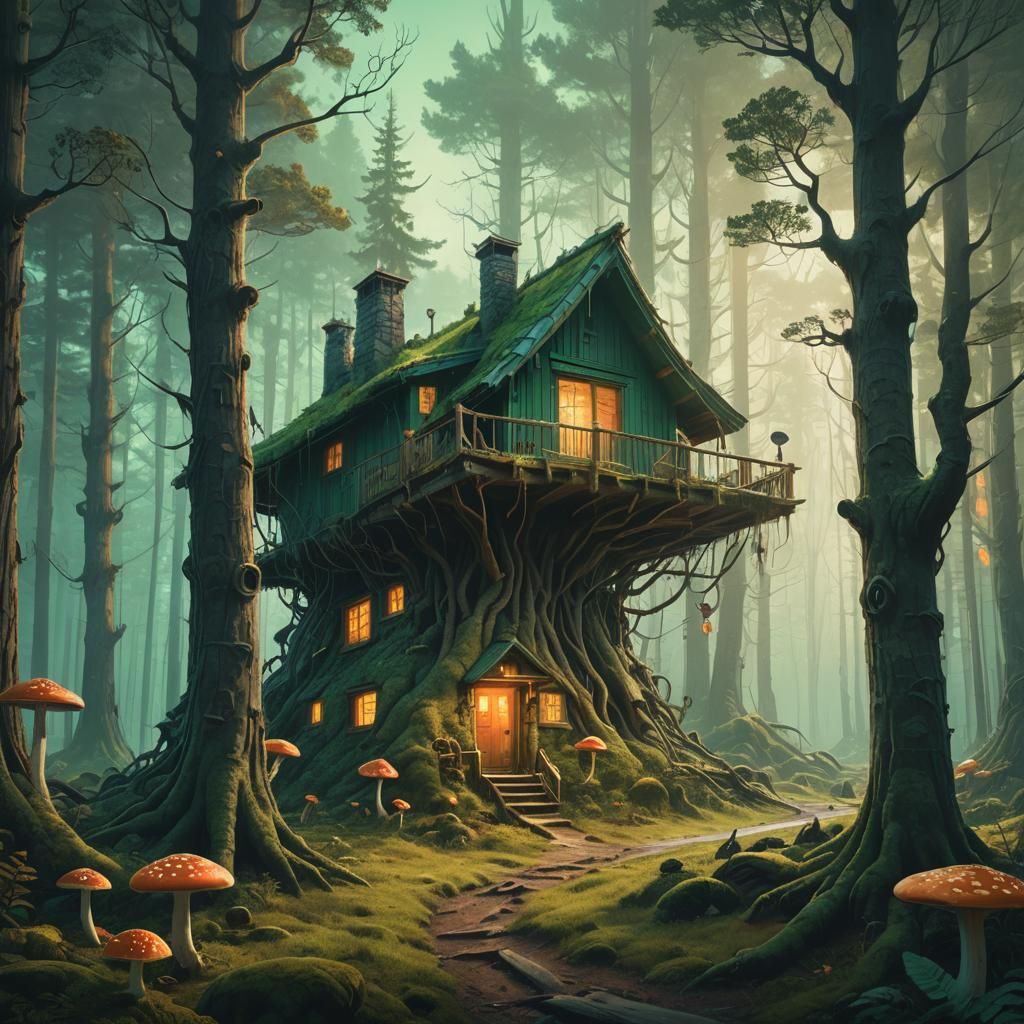 Mystical Forest Cabin in Fantasy Art Style