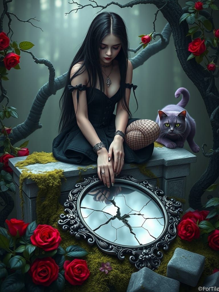 Gothic Alice Gazing at Shattered Mirror