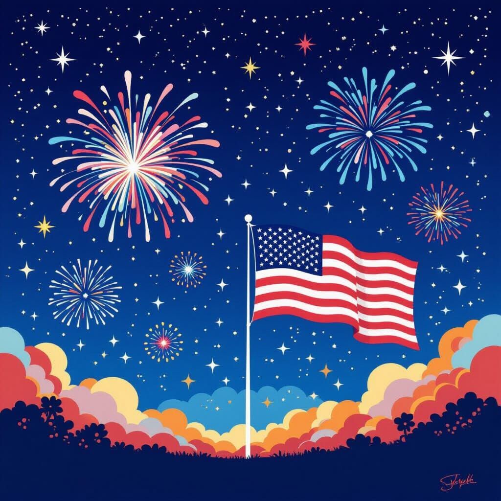 Fireworks and American Flag in Whimsical Style