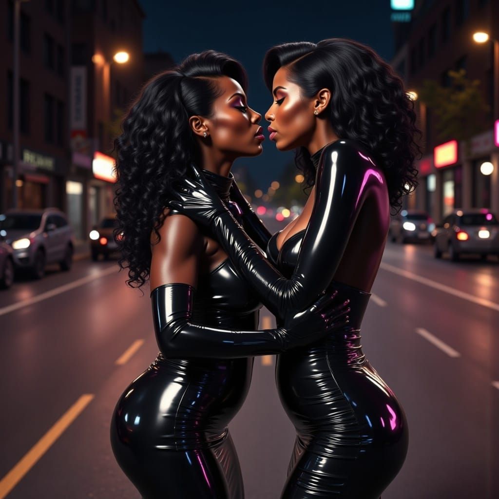 Ebony Goddesses in Metallic Latex Kiss on a City Street