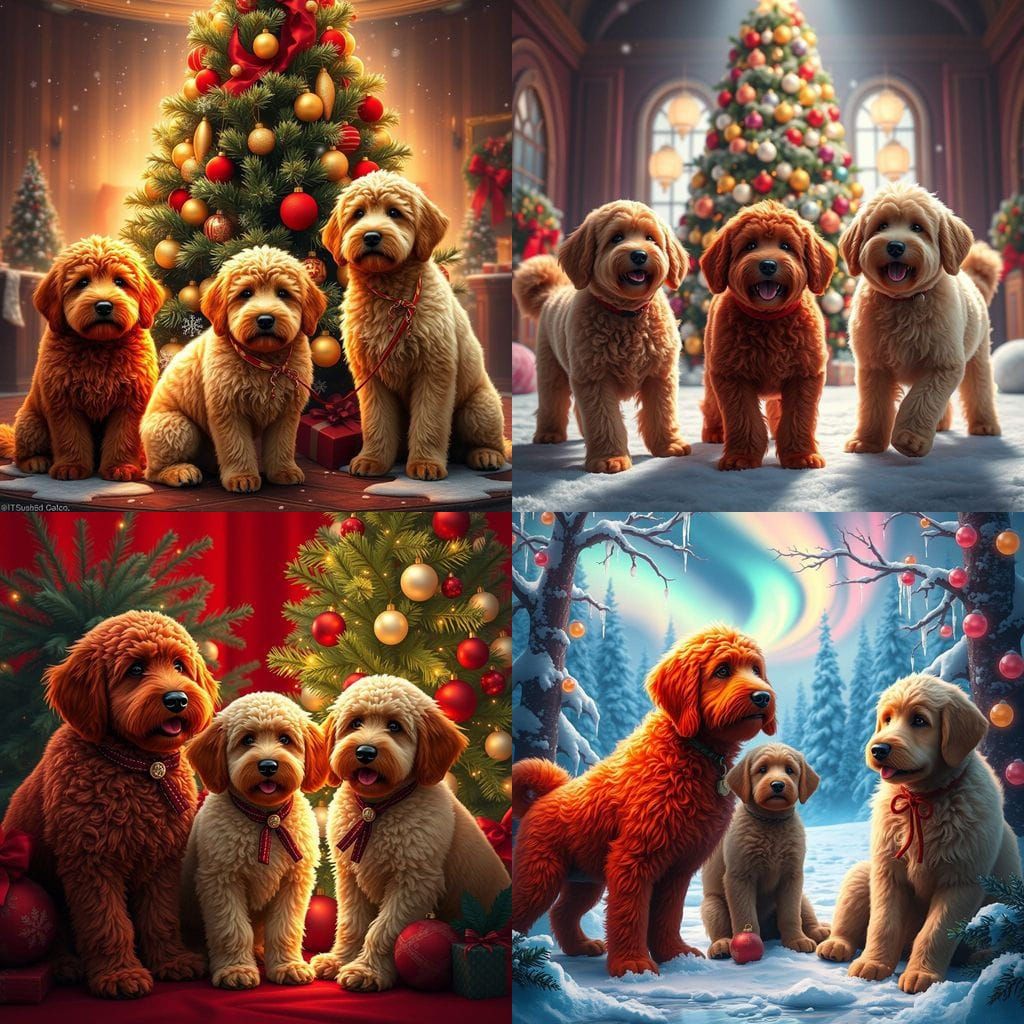 Joyful Red Goldendoodles in Winter Wonderland