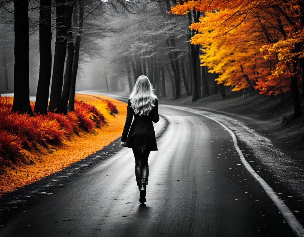 Woman in Autumn, Black and White with Color Splash