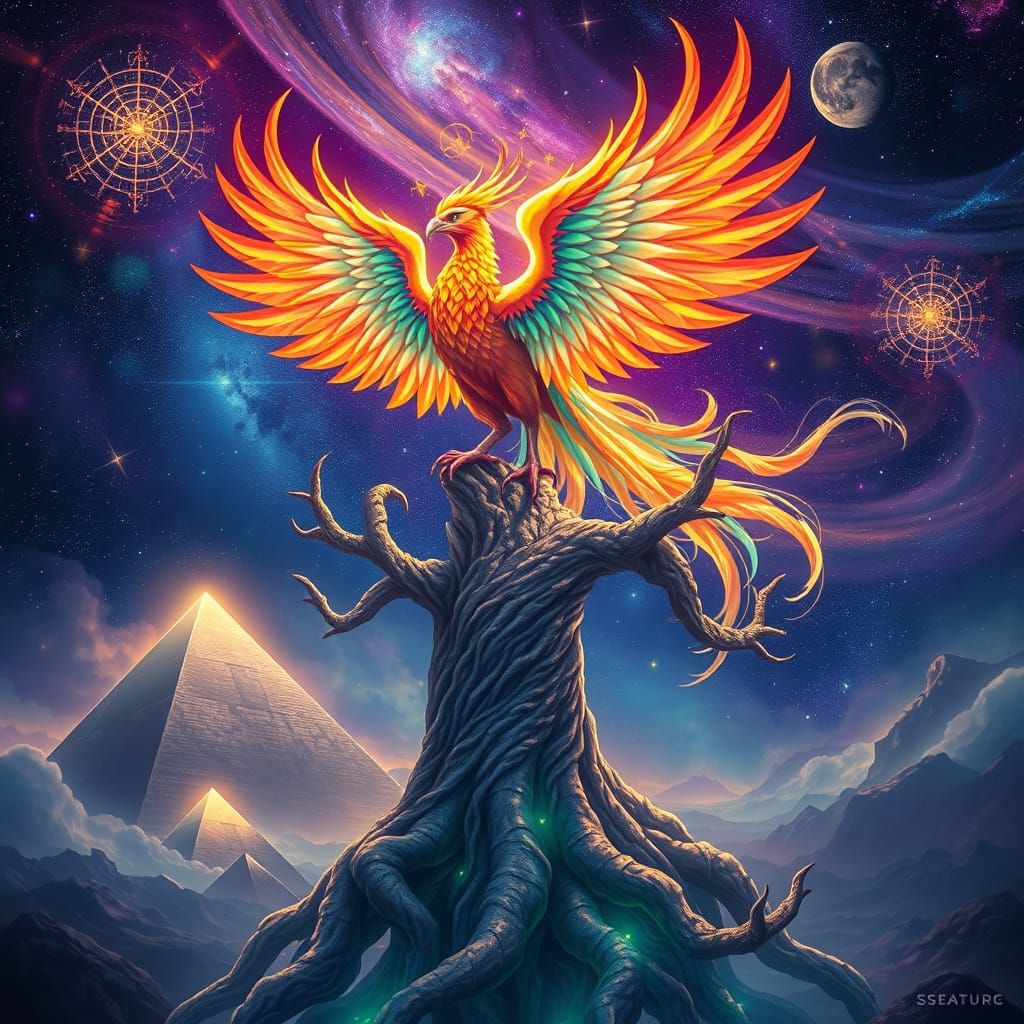 Phoenix Perched on Bioluminescent Tree, Cosmic Fantasy Art
