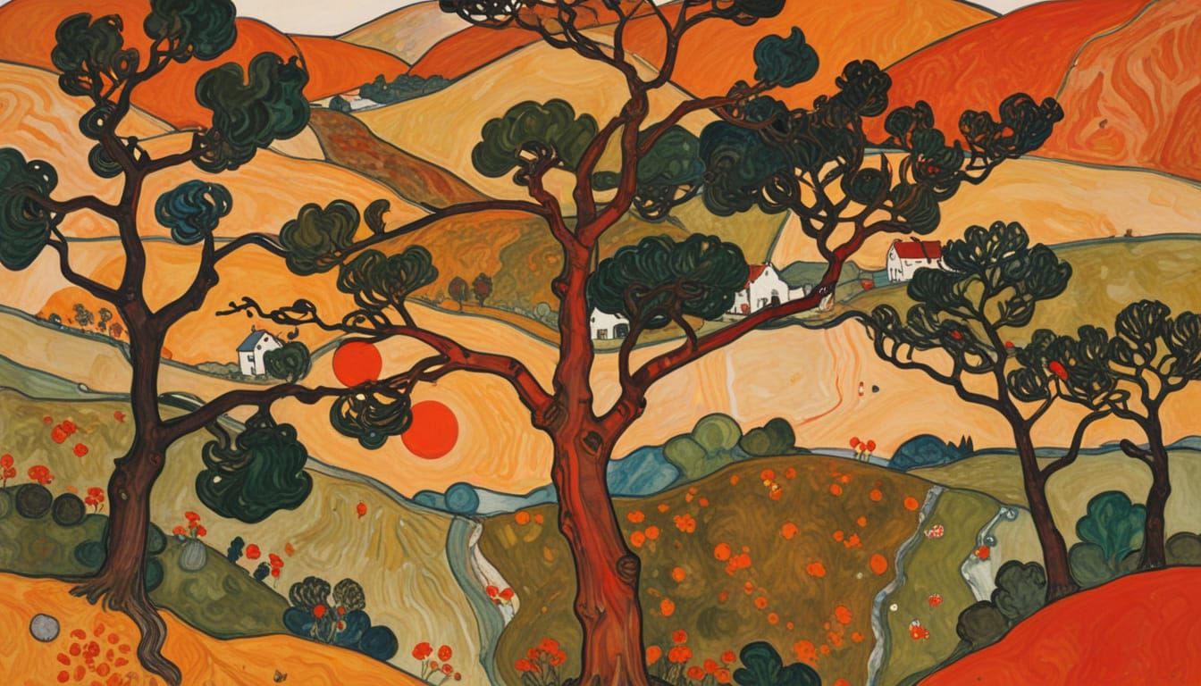 (landscape:1.5), Egon Schiele, red and tangerine, fine-tuned...