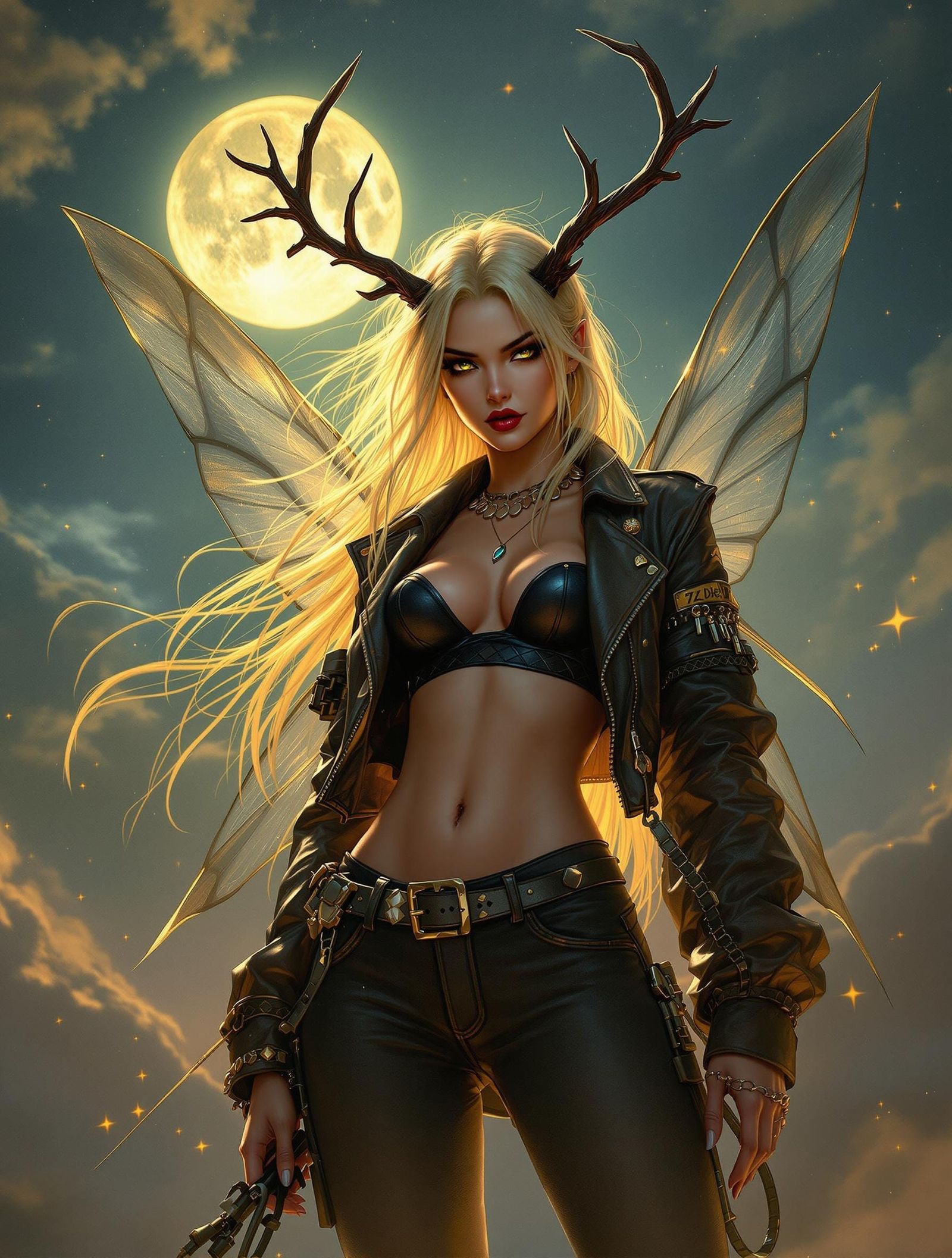 Beautiful Fairy Thug with Antlers in Syd Mead Style