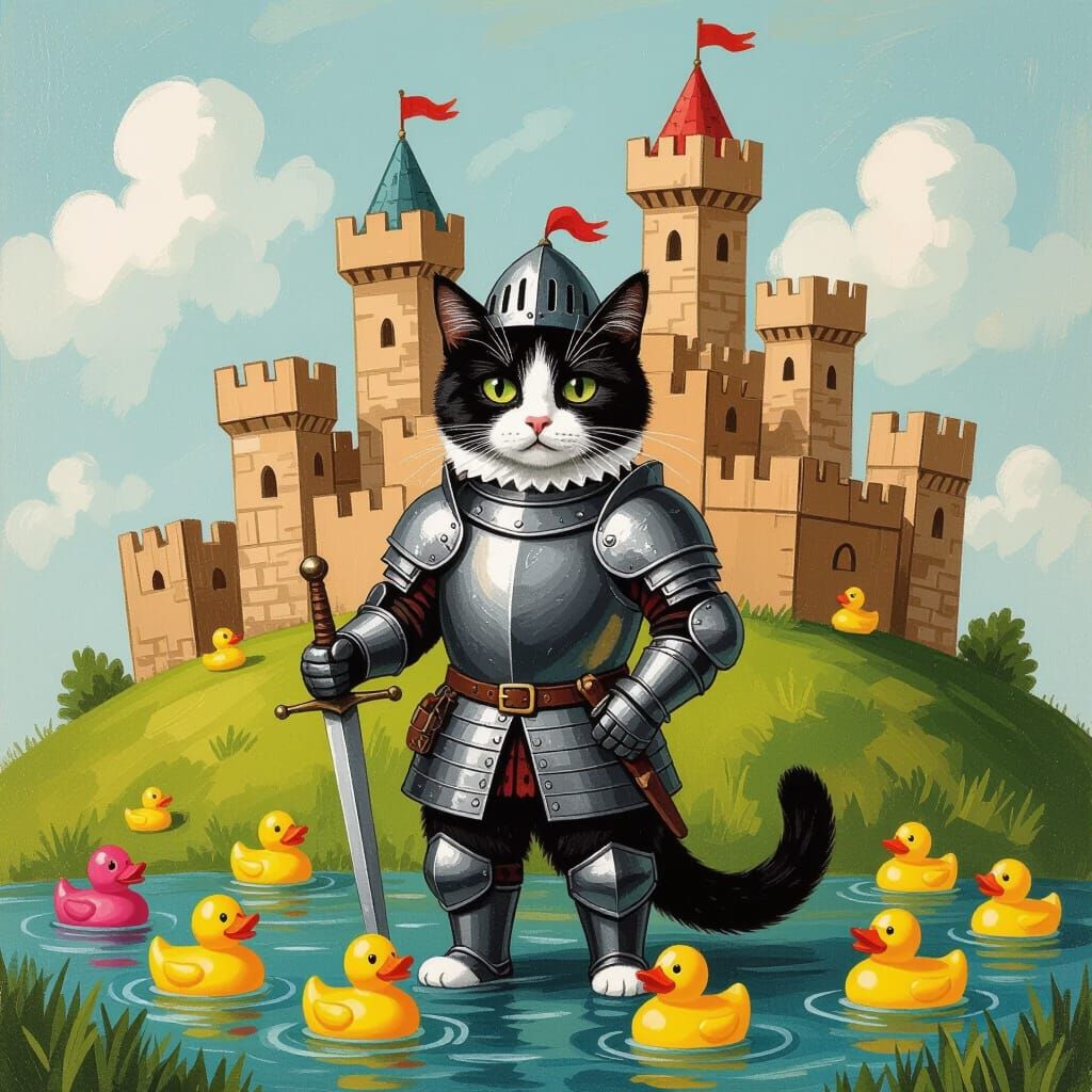 Armored Cat Defends Cardboard Castle as Whimsical Painting