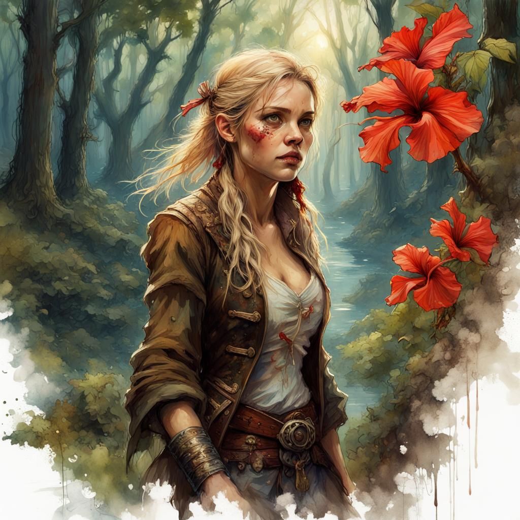 Beautiful Female Pirate in Dark Fantasy Forest