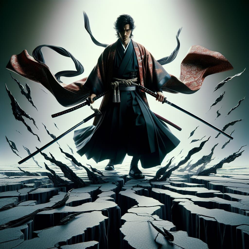 Anime Swordsman Amid Shadow Cracks: Hyperrealistic Cinematic...