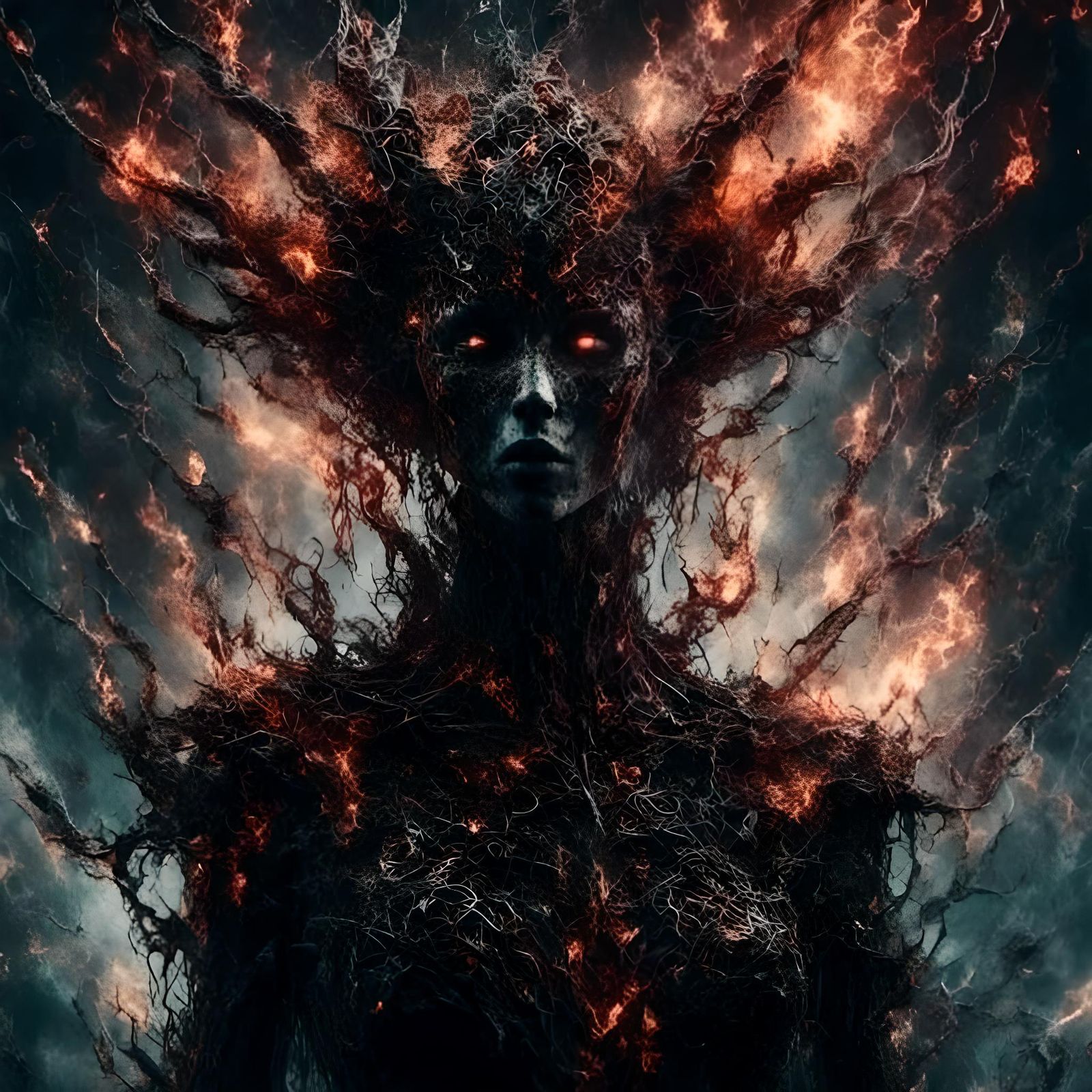 Dark Fantasy Garden with Shadow Demons and Glowing Eyes