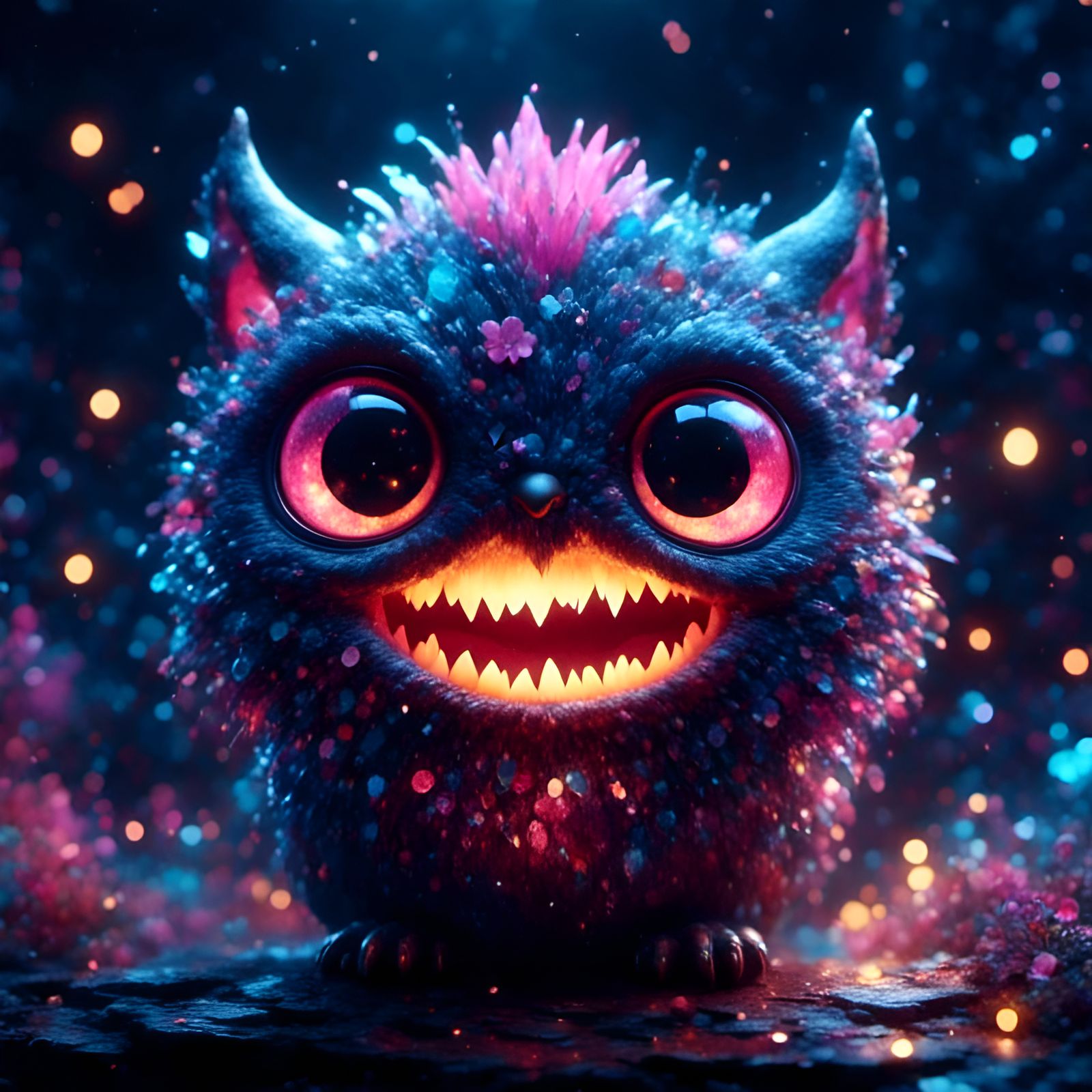 Adorable Fuzzy Creature with Glowing Eyes, Dark Fantasy Art