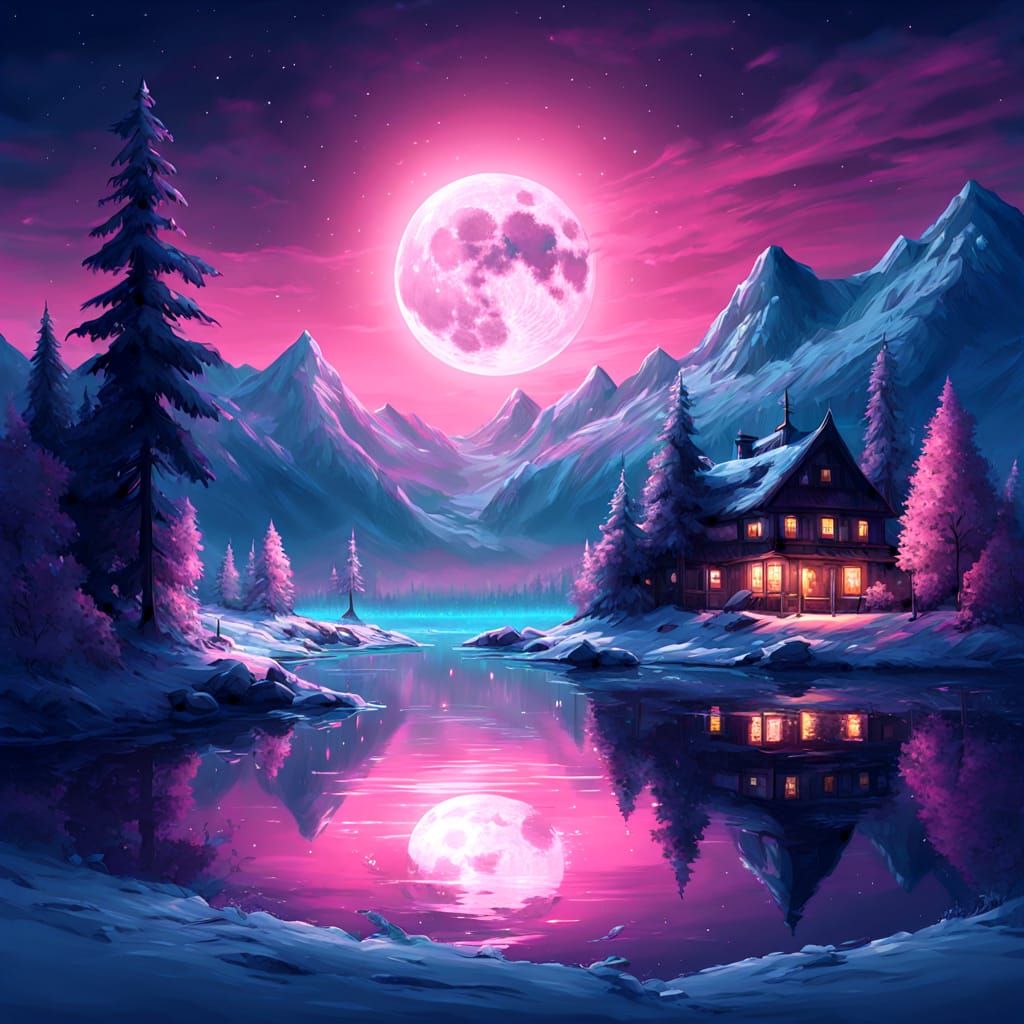 Luminous Full Moon Over Winter Landscape Digital Art