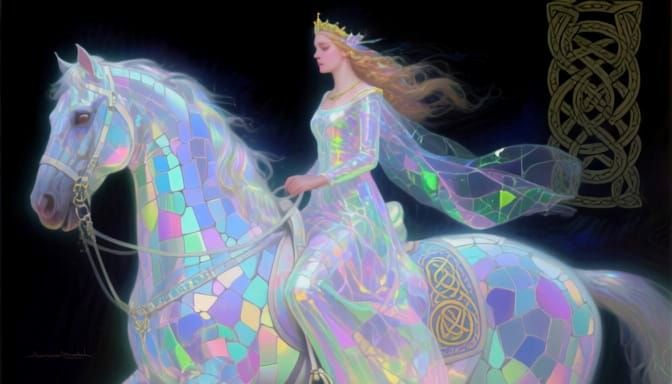 Celtic Princess Rides Holographic Horse in Surreal Dreamscap...