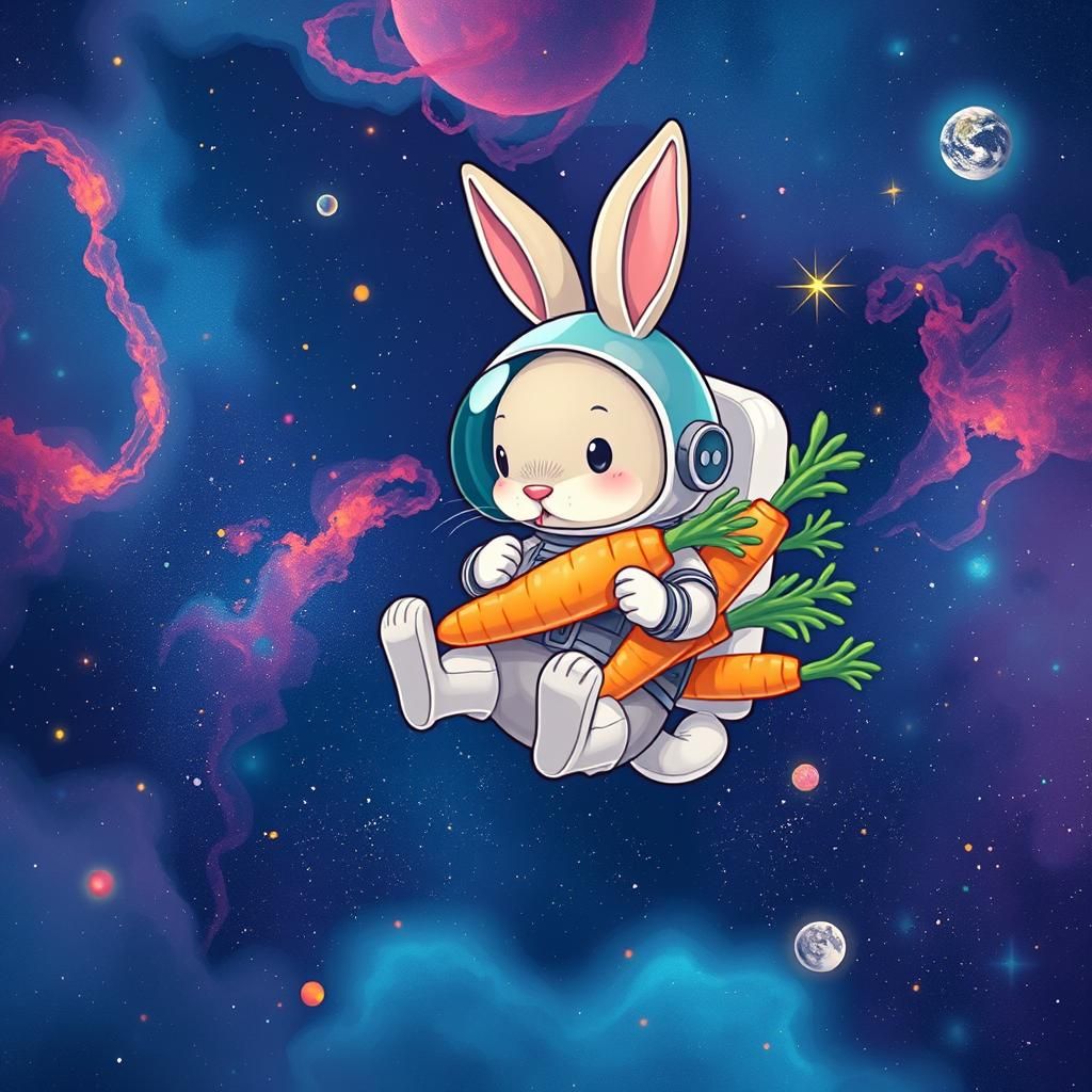 Bunny Astronaut in Space with Cosmic Carrots