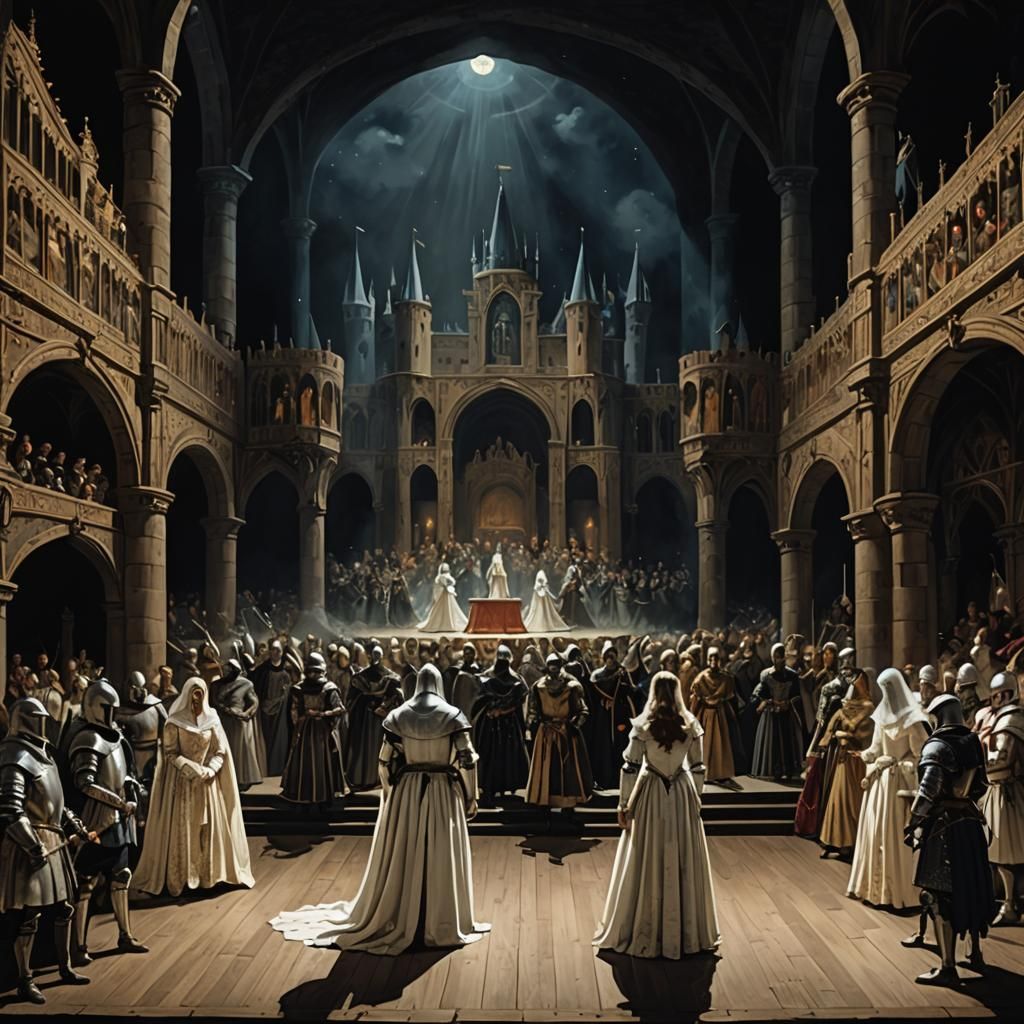 Theatrical Scene with Knights, Lady, and Ghost