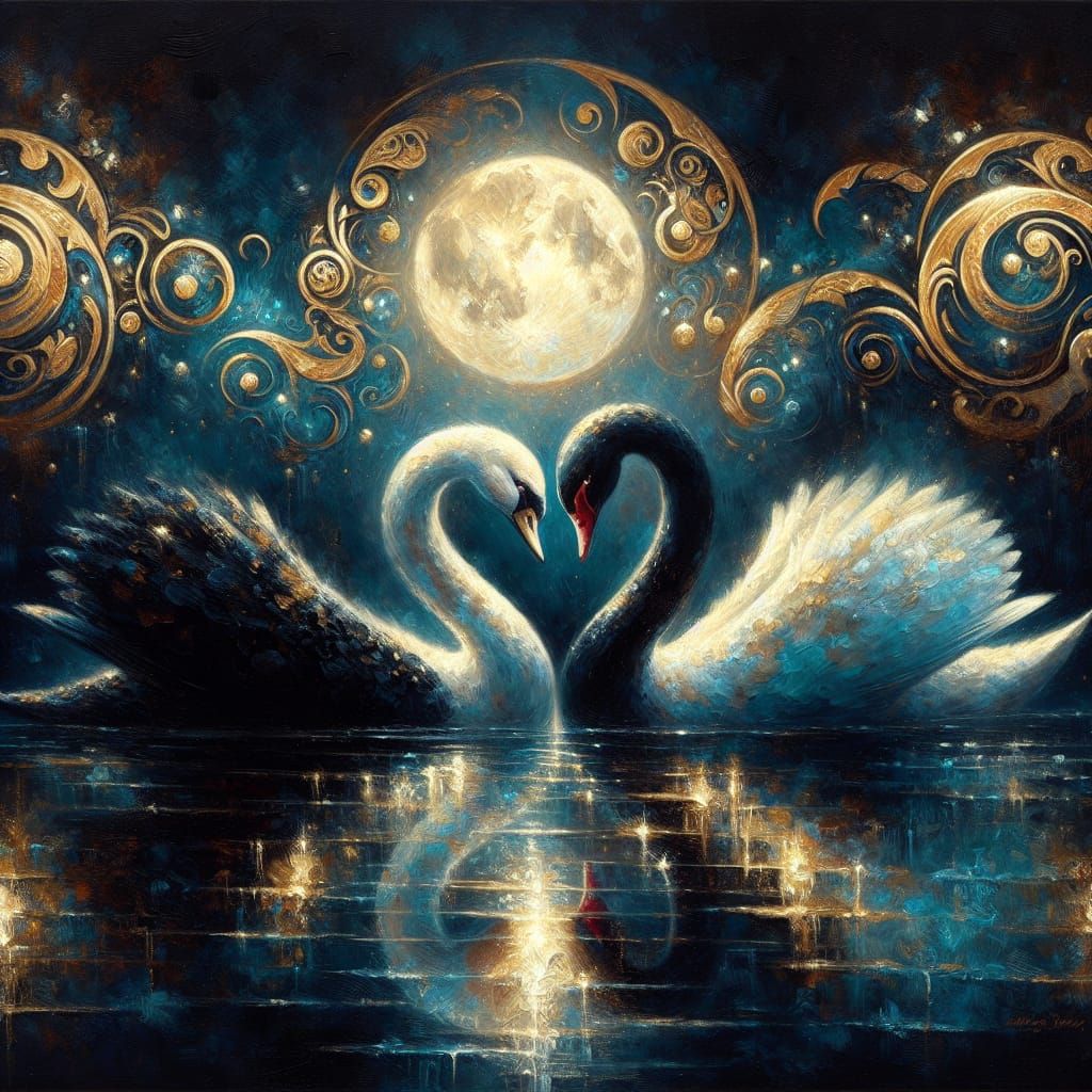 Mystical Black Swan and White Swan Form Heart in Moonlit Wat...