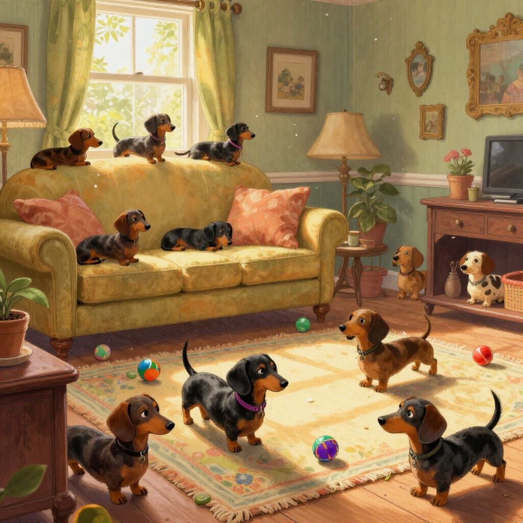 Dachshunds Galore in a Sunlit Living Room Illustration