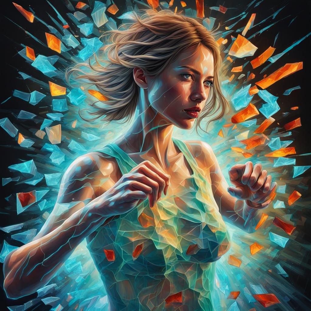 Bioluminescent Woman Shatters Screen with Colorful Shards