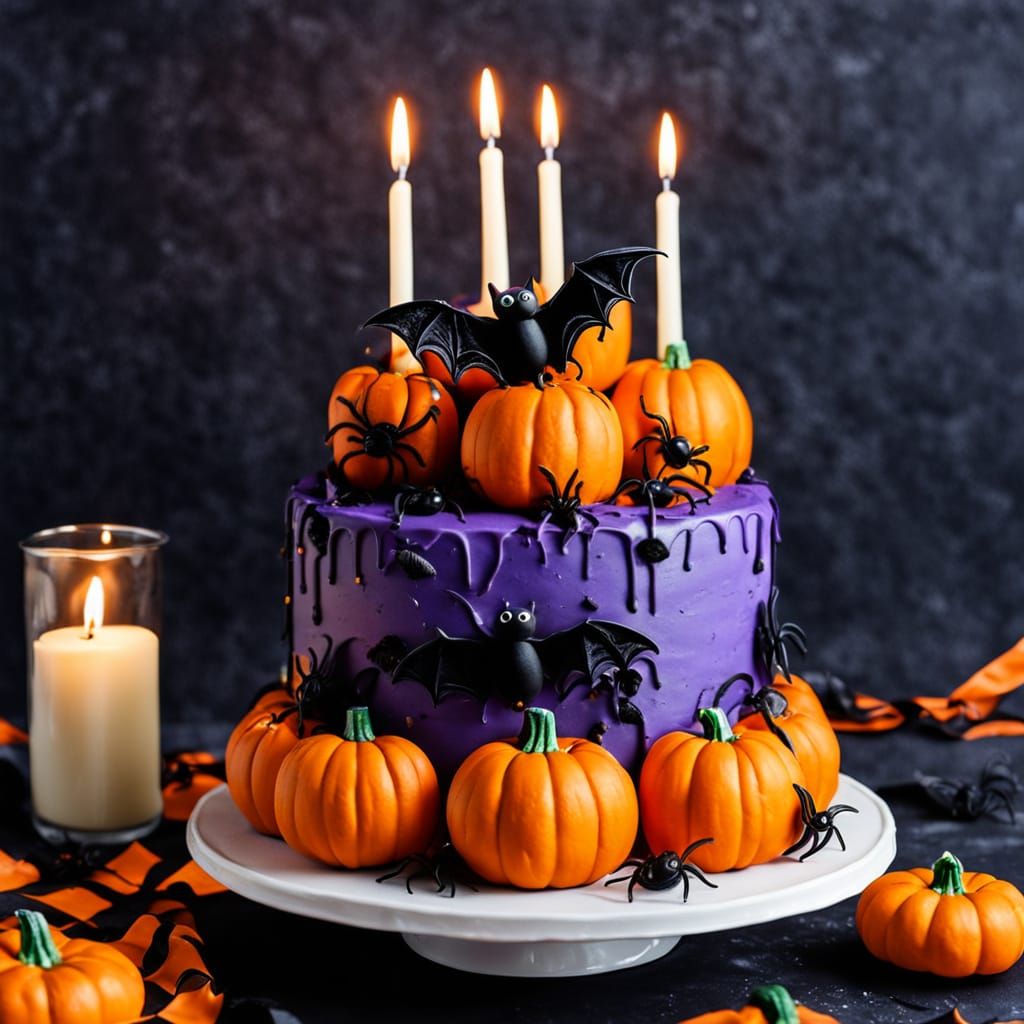 Halloween Birthday Cake with Pumpkin Candles and Spooky Deco...