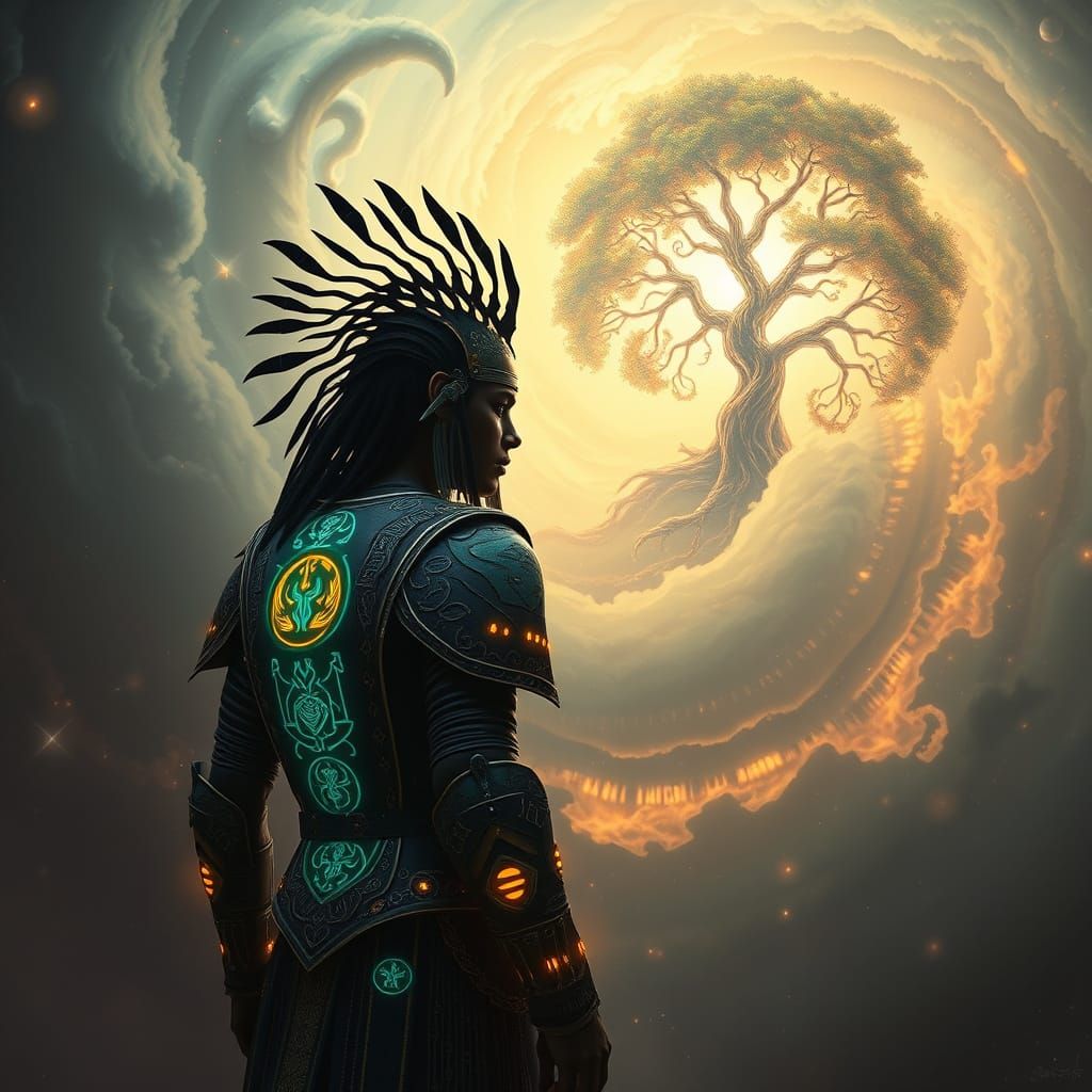 Futuristic Tribal Warrior in Nebula, Art Nouveau Style