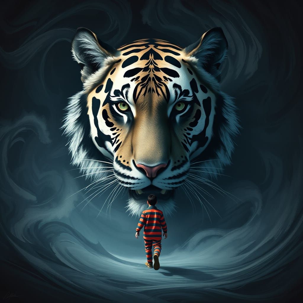 The artwork features a large, striking black-and-white tiger...
