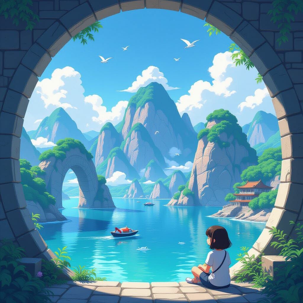 Anime Seascape with Mountains and Asian Girl