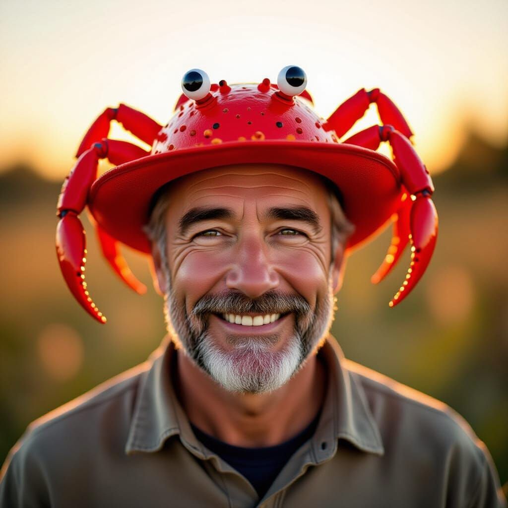 Man in Whimsical Crab Hat, Golden Hour Glow