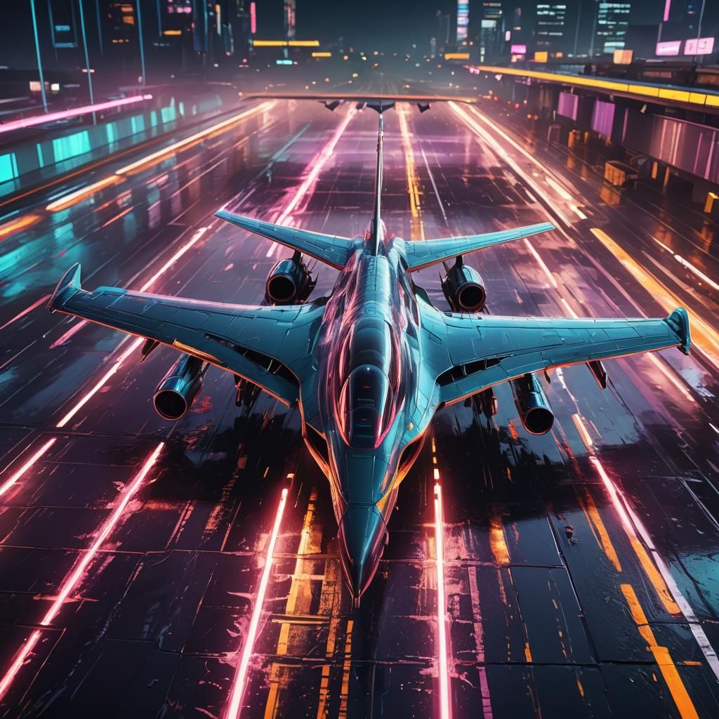 Futuristic Jet Takes Off from Neon Runway