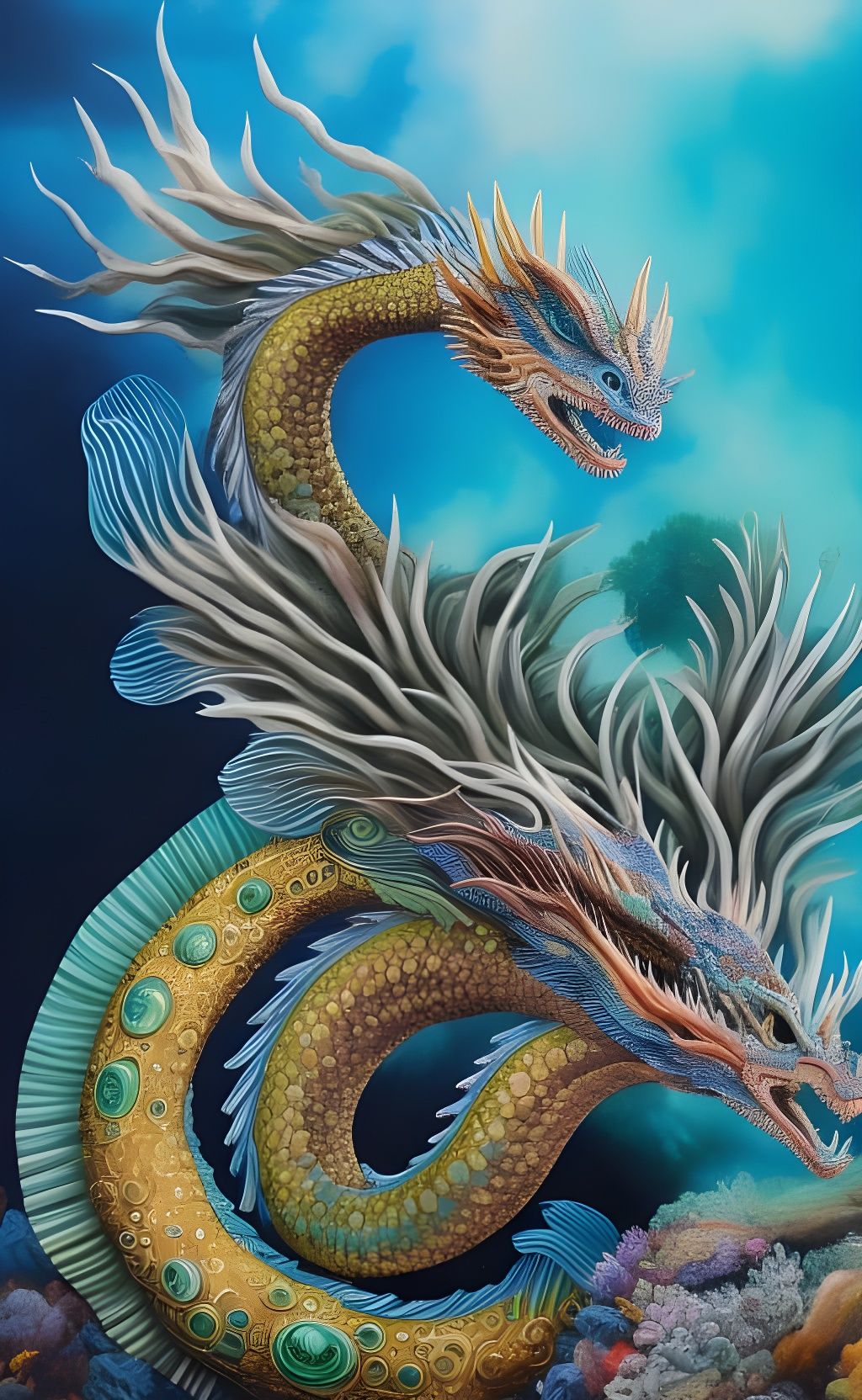 Ornate Sea Serpent Dragon Underwater Painting
