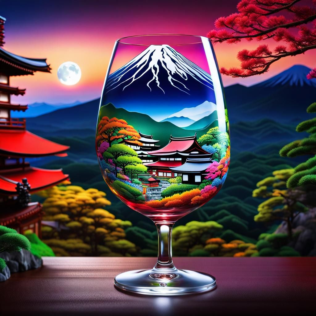 Japanese Village in Wine Glass: Hyperrealistic Forest Scene