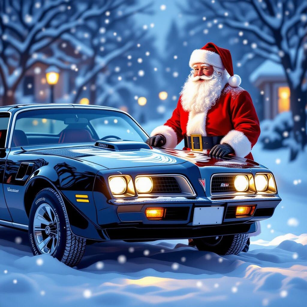 Santa Claus Poses With Classic Trans Am in Snowy Scene