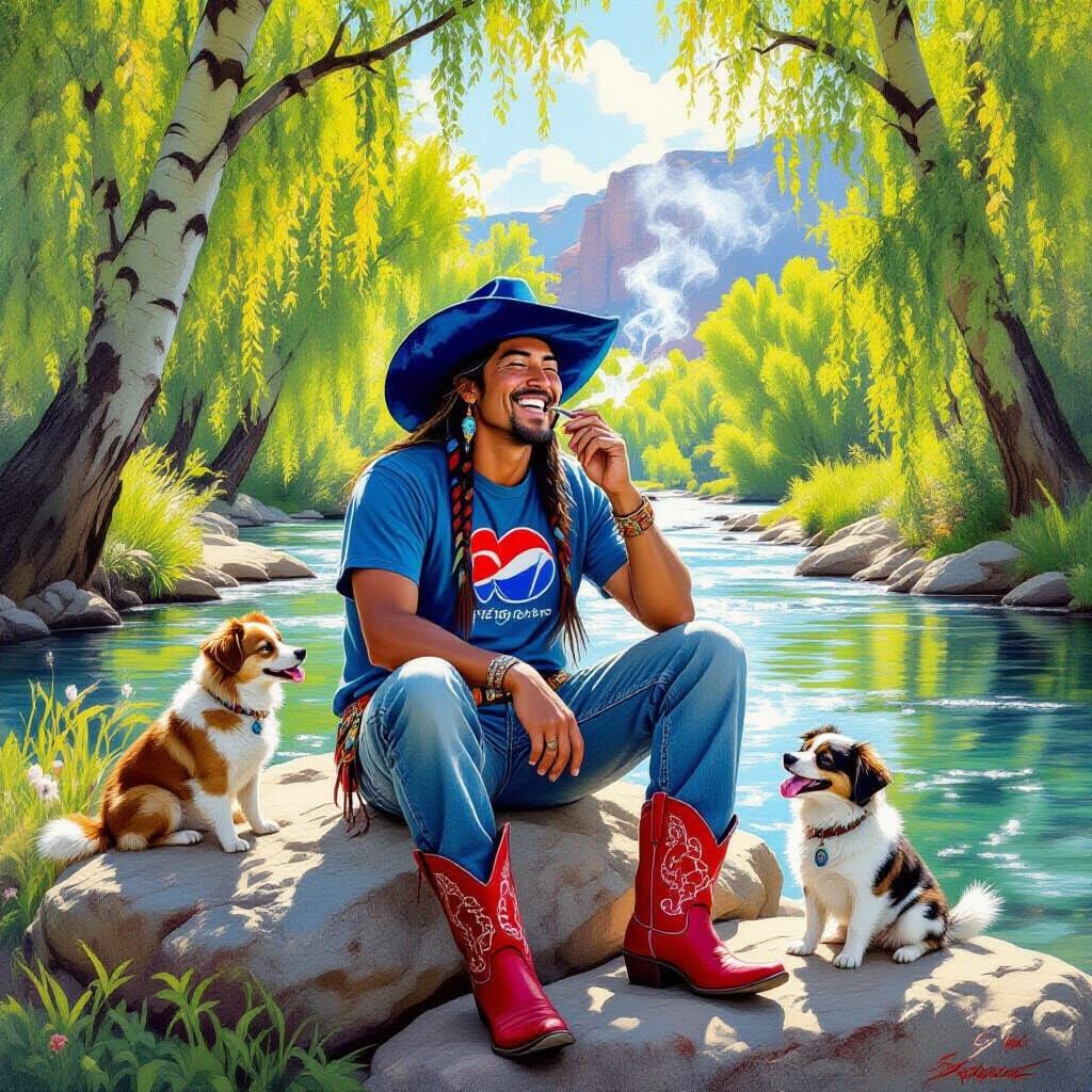 Shaman by River in Blue Velvet Hat, Desert Scene