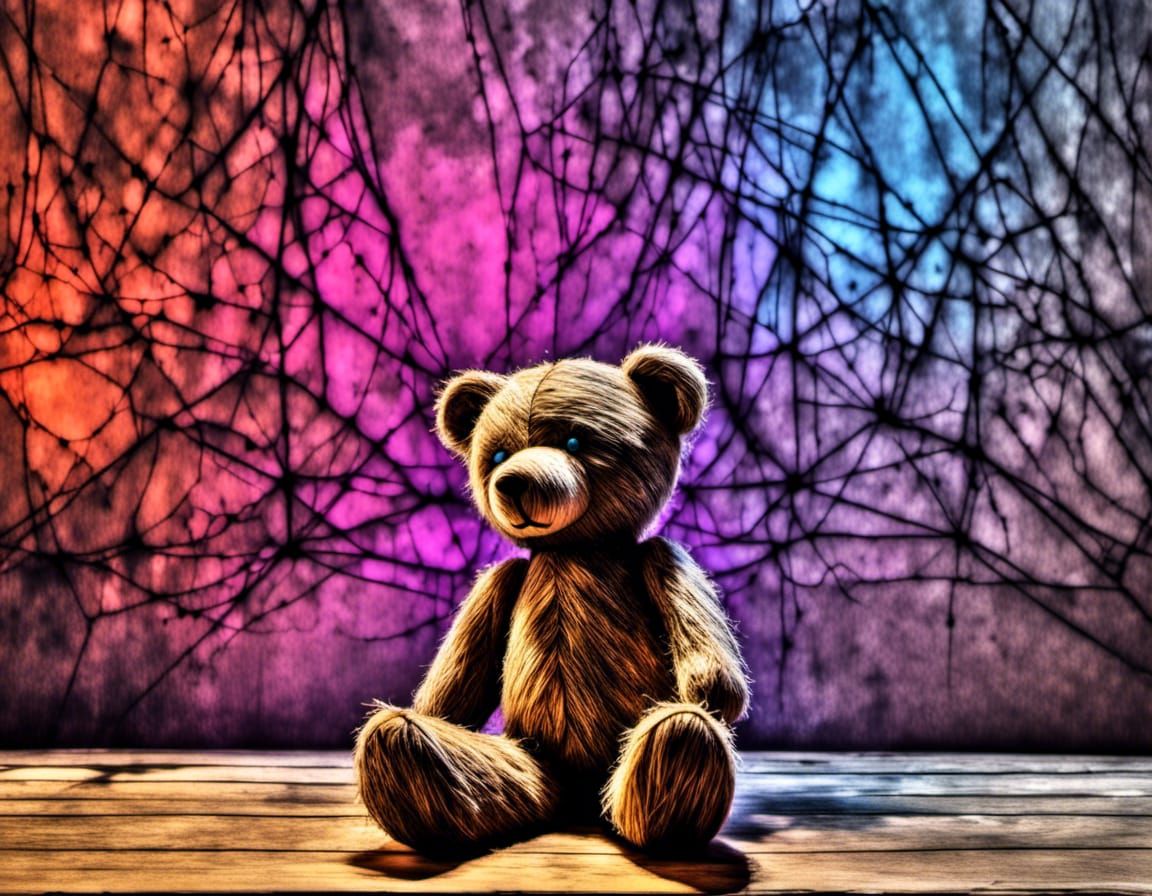 Neon-Eyed Teddy Bear in Dark Attic, Watercolor Style
