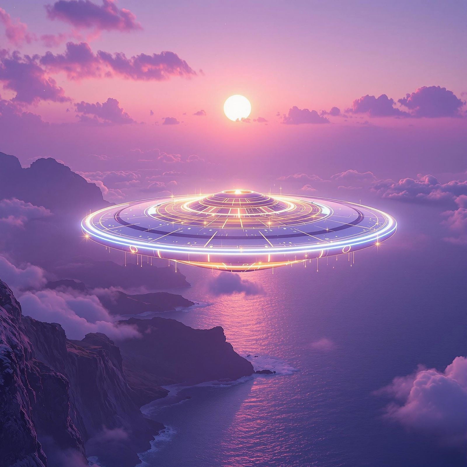 Golden Spaceship Soars Over Violet Dusk Coastline in Cosmic....