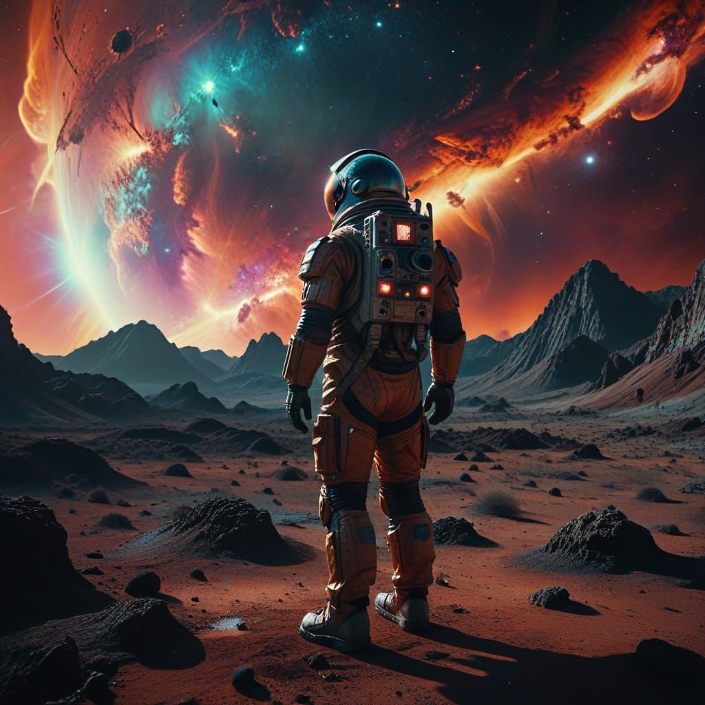 Astronaut on Alien Planet Gazing at Nebula